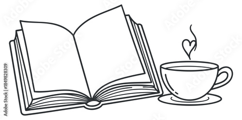 An open book with a steaming cup and heart shape in minimalist outline vector style, perfect for literary themes and cozy designs