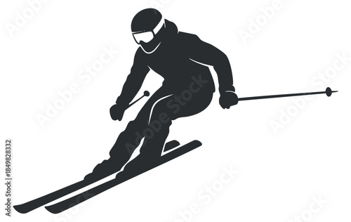 A silhouette of a skier in action on skis in black vector style, suitable for winter sports branding and promotional materials