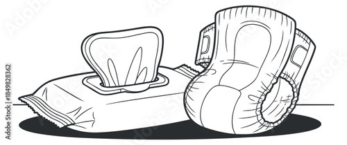 A collection of baby wipes and diapers in clean outline vector style, perfect for parenting and childcare projects