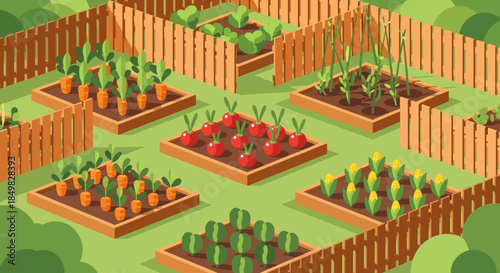 Isometric vegetable garden illustration with raised beds and wooden fence design concept