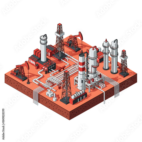 Isometric illustration of an oil and gas refinery complex with pumpjacks, pipelines, and industrial processing units.