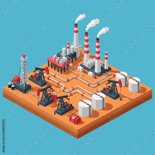 Isometric illustration of an oil and gas industry complex with pumpjacks, pipelines, storage tanks, and a refinery.