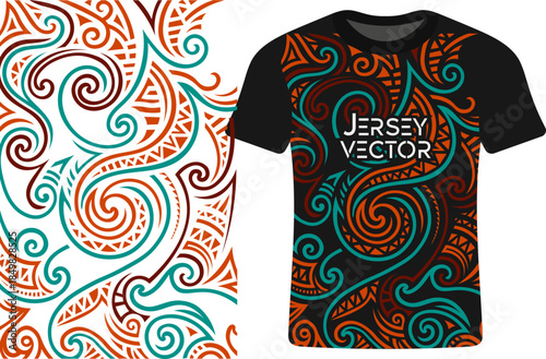Dynamic Tribal Swirls Apparel Print for Sportswear,  Polynesian tribal style jersey or t shirt vector template, Vibrant Tribal Ethnic Pattern for Apparel and Textile Design.