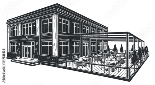 A modern restaurant building with an outdoor dining patio in black and white vector style, suitable for architectural presentations