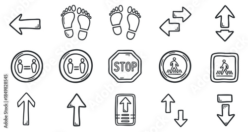 A set of directional and pedestrian icons including footprints, arrows, and a stop sign in black and white outline vector style, suitable for navigation and signage design