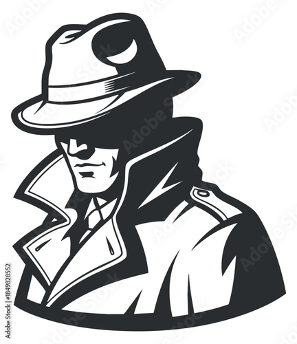 A detective character in a black and white silhouette vector style, suitable for mystery-themed branding and illustrations