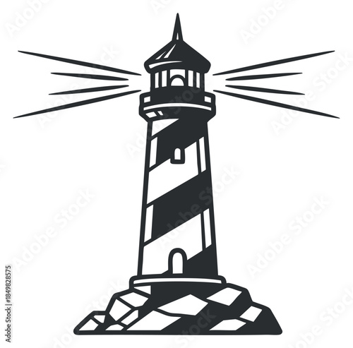 A lighthouse on a rocky base with beams of light in black and white outline vector style, suitable for nautical themes and maritime design
