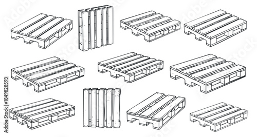 A collection of wooden pallets in black and white outline vector style, suitable for logistics and industrial designs