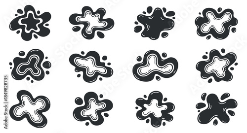 A collection of abstract organic shapes and blobs in black and white minimalist vector style, suitable for modern graphic design projects