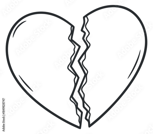 A broken heart outline illustration in black and white vector style, ideal for expressing heartbreak or emotional themes