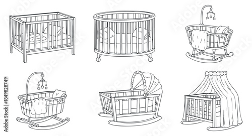 A collection of various baby cribs and bassinets in outline vector style, suitable for nursery decor and parenting themes