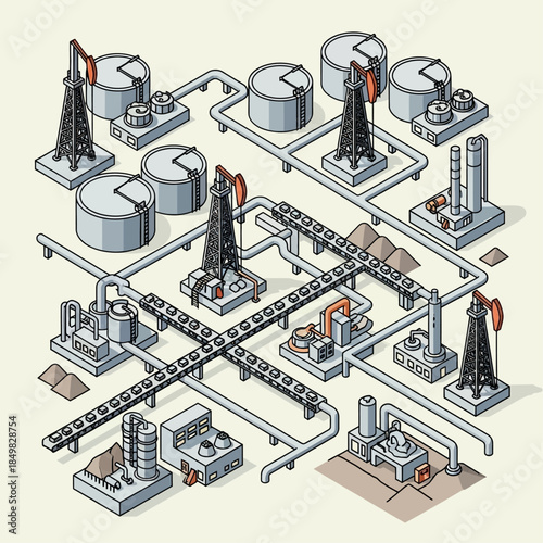 Isometric illustration of an extensive oil and gas industry complex with multiple pumpjacks, storage tanks, pipelines, and processing facilities.