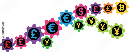 Creative illustration of colorful interconnected gear wheels with various global currency symbols representing international finance banking and digital economy systems