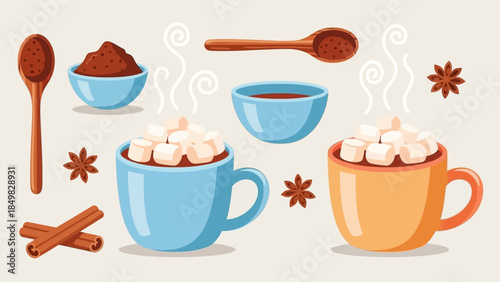 Colorful Mugs with Hot Chocolate and Marshmallows.