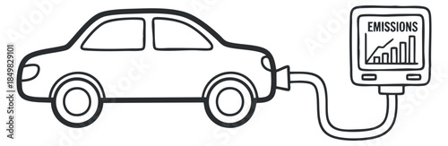 A car connected to an emissions monitor displaying data in black and white outline vector style, suitable for environmental awareness projects