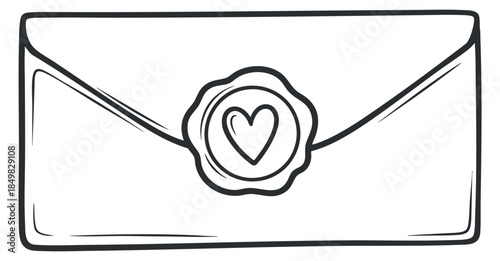 A hand-drawn envelope with a heart seal in black and white outline style, ideal for romantic invitations or stationery designs