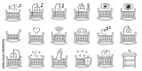 A collection of baby crib icons featuring music notes, toys, and sleep symbols in simple outline vector style, perfect for nursery design and childcare branding