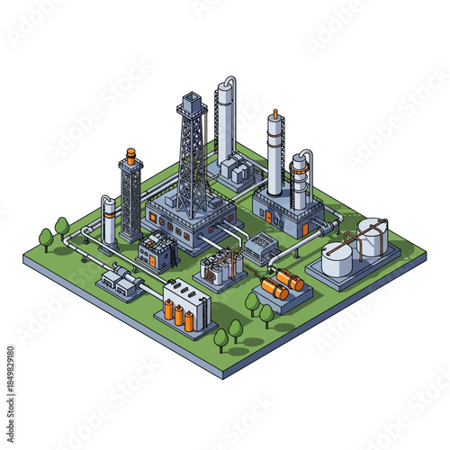 Isometric illustration of a large industrial oil refinery or chemical plant with multiple towers, tanks, and interconnected pipelines.