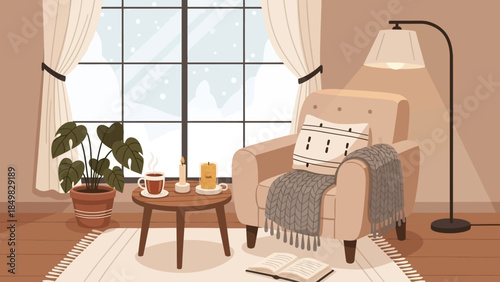 Cozy Armchair with Pillow and Blanket.