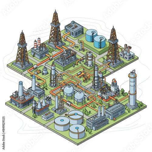 Isometric illustration of a large industrial complex with oil derricks, storage tanks, and interconnected pipelines.
