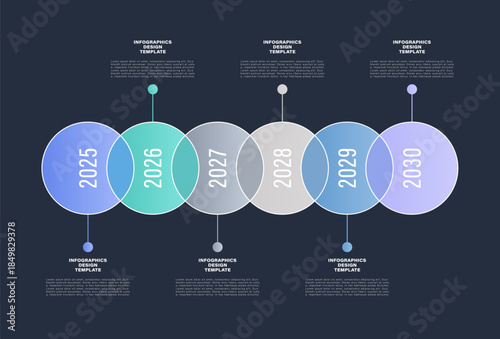 Intersecting circles with dates vector infographic template. Timeline infographics layout for presentation slides