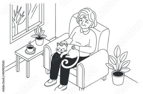 An elderly woman sitting in a chair while holding a cat in minimalist line art vector style, perfect for themes of companionship and wellness
