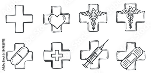 A collection of medical symbols including crosses, a heart, a syringe, and bandages in clean outline vector style, suitable for healthcare branding and educational materials