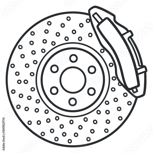 A detailed illustration of a car brake disc and caliper in outlined vector style, suitable for automotive design projects