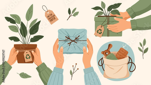 Gift wrapping plants and gardening tools.