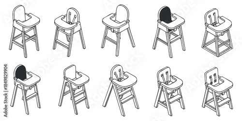 A collection of highchair designs for babies in minimalist outline vector style, suitable for childcare and parenting themes