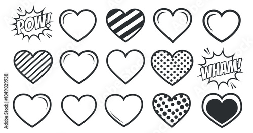 A collection of heart icons in black and white vector style with comic elements like 'POW!' and 'WHAM!', suitable for playful designs
