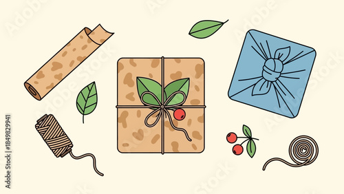 Hand Drawn Gift Boxes with Leaves.