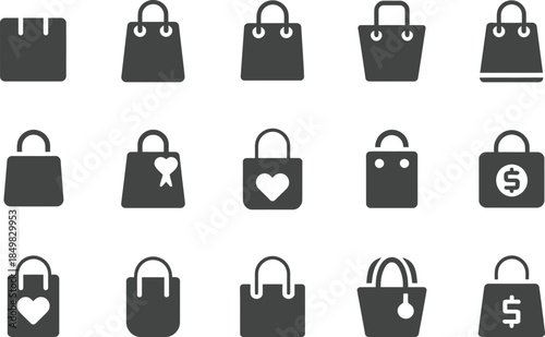 Collection of fifteen dark gray shopping bag icons representing commerce retail purchases gifts and online ecommerce transactions for web design