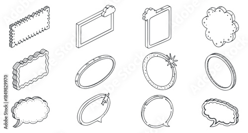 A collection of decorative frames and speech bubbles in outline vector style, ideal for graphic design and communication projects