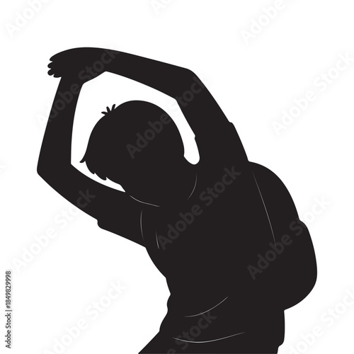 Silhouette of Child Stretching with Backpack in Side Pose on White Background