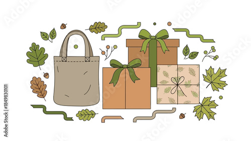 Handbag and Gift Boxes with Ribbons.