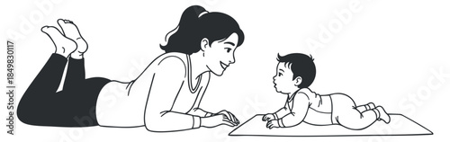 A mother and baby engaging in a playful interaction in a black and white minimalist vector style, perfect for parenting themes.