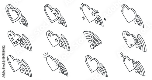 A collection of heart and signal icons in minimalist outline vector style, suitable for social media and tech applications