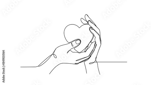 Heart being gently held by two hands in one line drawing style for Valentine’s Day, love, or care-related design