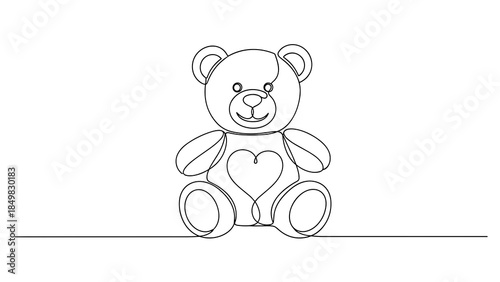 Cute teddy bear with heart in one line drawing style for Valentine’s Day, love, or romantic gift