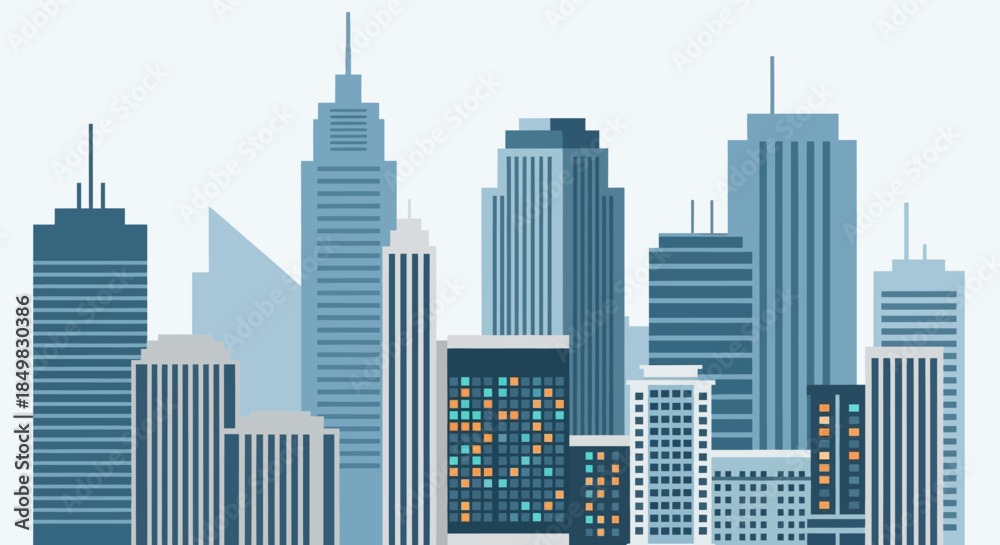 Fototapeta premium Vector Cityscape Illustration with Modern Buildings and Skyscrapers a Contemporary Urban Design
