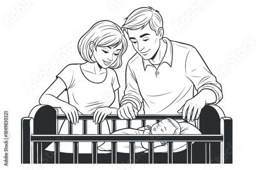 A loving couple gazing at their sleeping baby in a crib in a minimalist black and white vector style, perfect for family and parenting themes