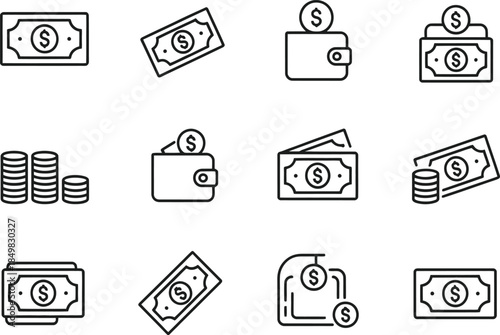 Collection of twelve distinct black line art icons representing various aspects of money transactions including cash bills coins and wallets for finance apps
