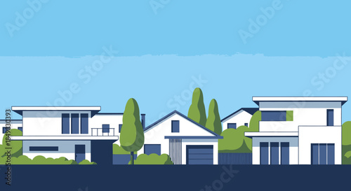 Suburban Living: A Serene Illustration of Modern Homes and Verdant Greenery Against a Clear Blue Sky