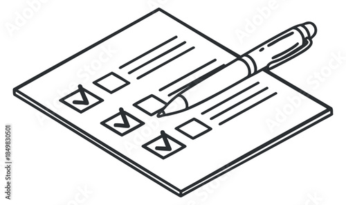 A checklist paper with check marks and a pen in minimalist outline vector style, suitable for productivity and planning projects
