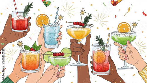 Colorful Hands Holding Cocktails in Celebration with Confetti and Fireworks
