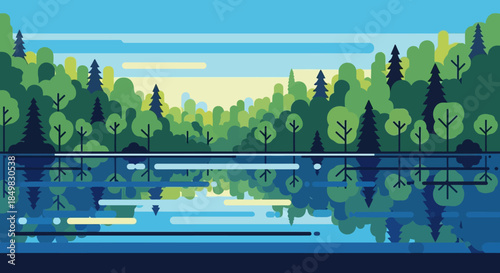 Flat vector illustration of forest landscape with lake reflection and calm water surface