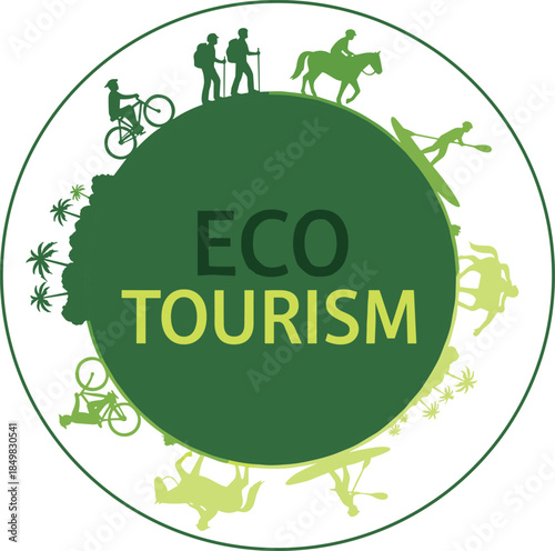 Green eco tourism badge with silhouettes of hiking cycling horse riding and kayaking representing sustainable travel nature conservation and outdoor adventure