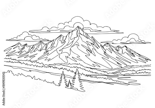 A captivating continuous line drawing of a majestic mountain range under a cloudy sky, showcasing nature's grandeur