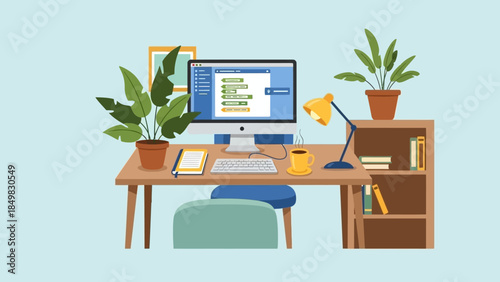 Modern Computer Desk with Office Supplies.